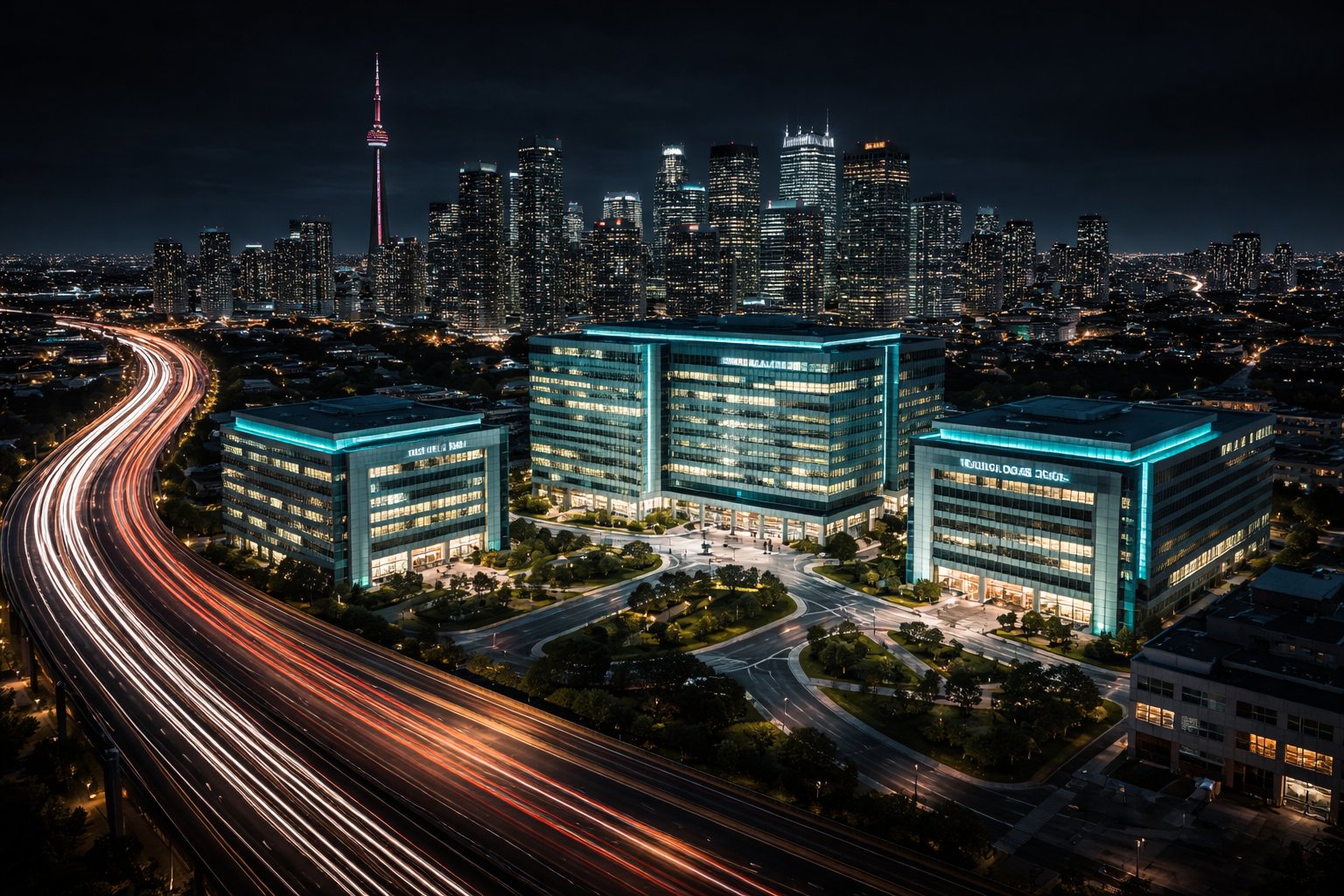 Toronto medical office buildings at night